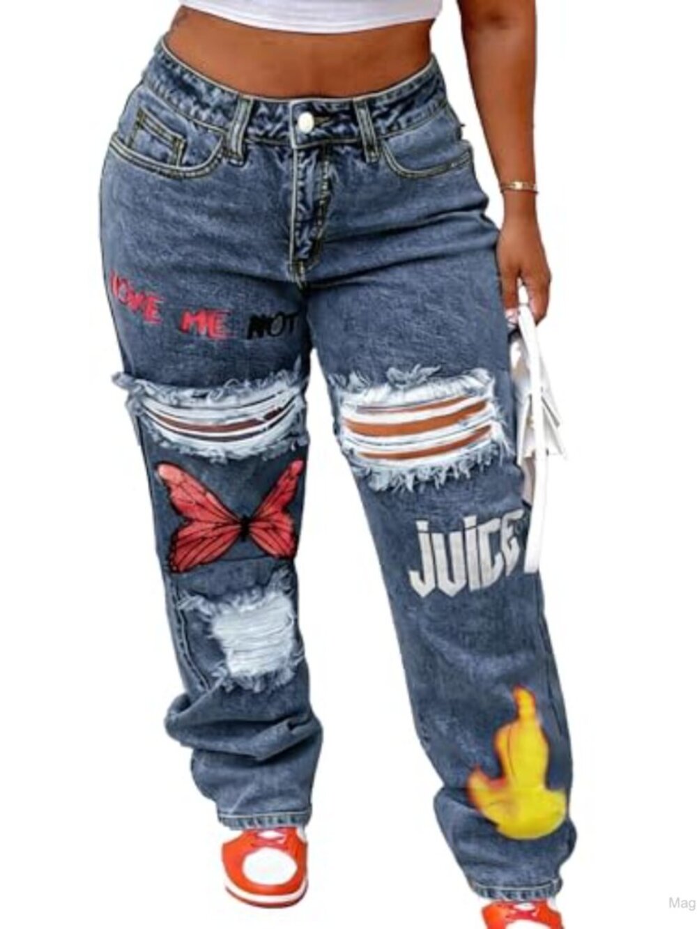 Plus Size High Waist Straight Leg Distressed Jeans with Graphic Embroidery